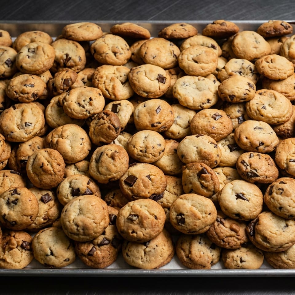 A metal baking tray overflows with golden chocolate chip cookies on a dark countertop.