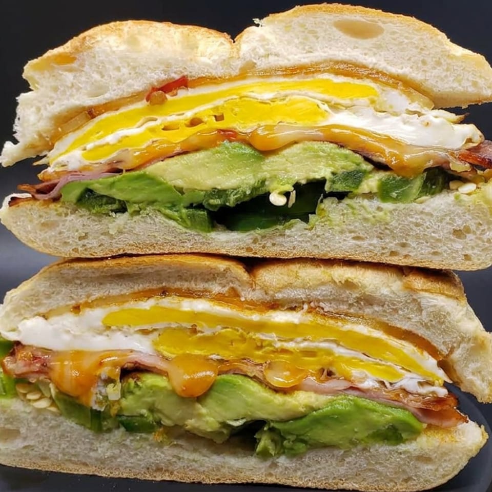 Two stacked breakfast sandwiches with fried eggs, melted cheese, bacon, avocado, and toasted bread against a dark background.