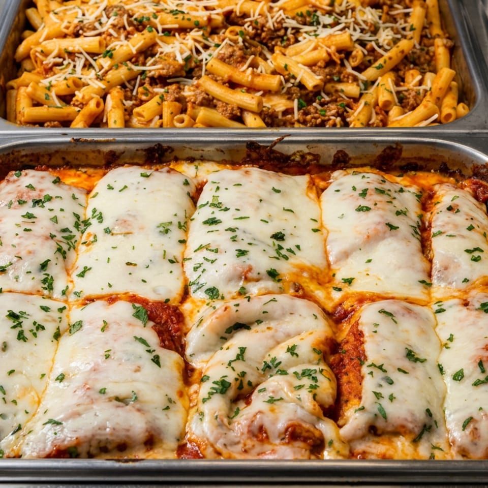 Buffet trays of cheesy baked chicken breasts with parsley and penne pasta in tomato meat sauce.