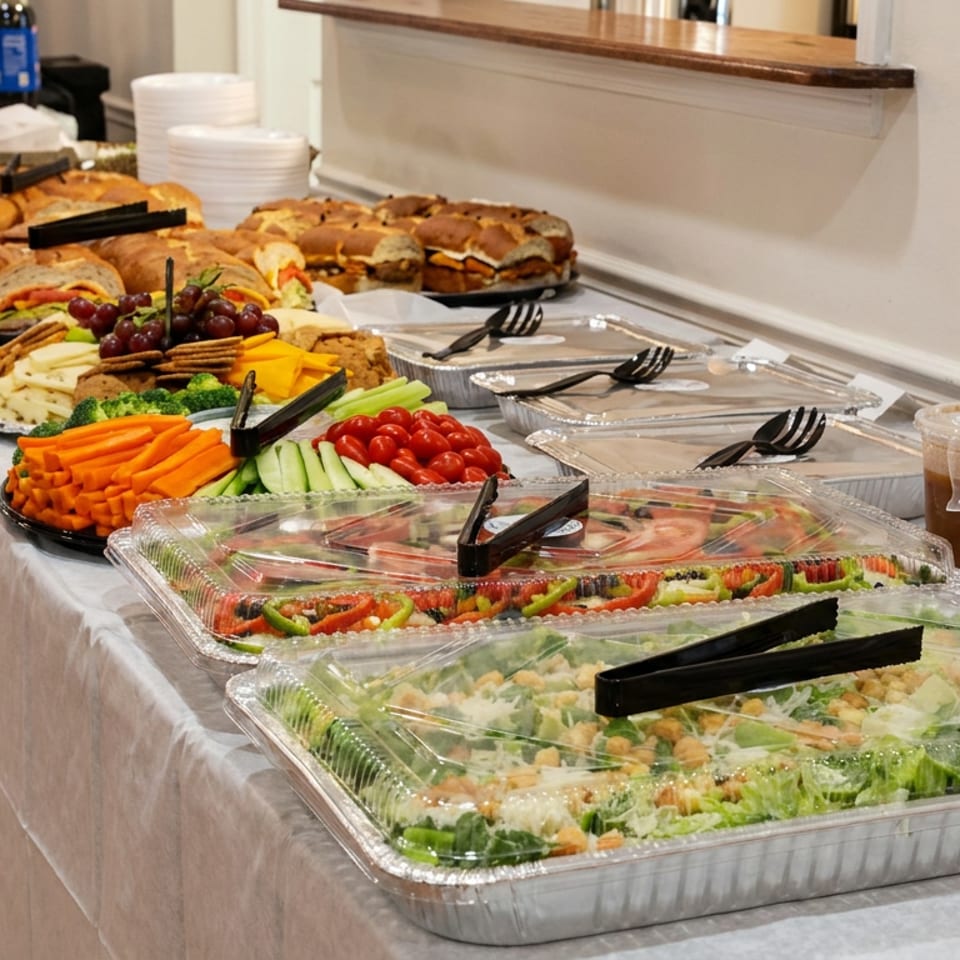 Catered buffet table displaying salads, sandwiches, vegetables, cheese, fruit, serving utensils, and stacked plates.